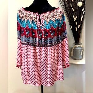 Umgee Boho Peasant Top M – Red, Turquoise & White Print with Tassel Trim